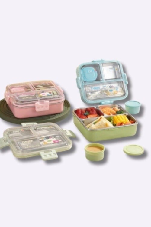3 Compartment Stainless Steel Lunch Box with Leak-Proof Lid