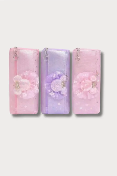Girls Glitter Flower Pencil Pouch – Cute Zipper Stationery Case