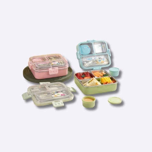 3 Compartment Stainless Steel Lunch Box with Leak-Proof Lid
