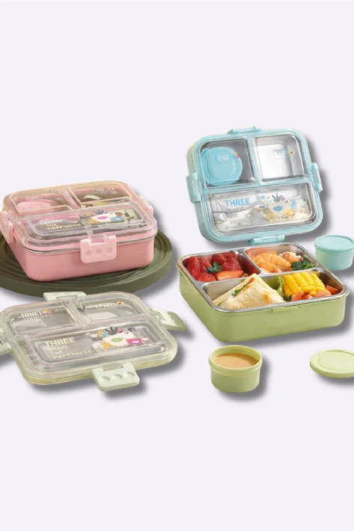 3 Compartment Stainless Steel Lunch Box with Leak-Proof Lid