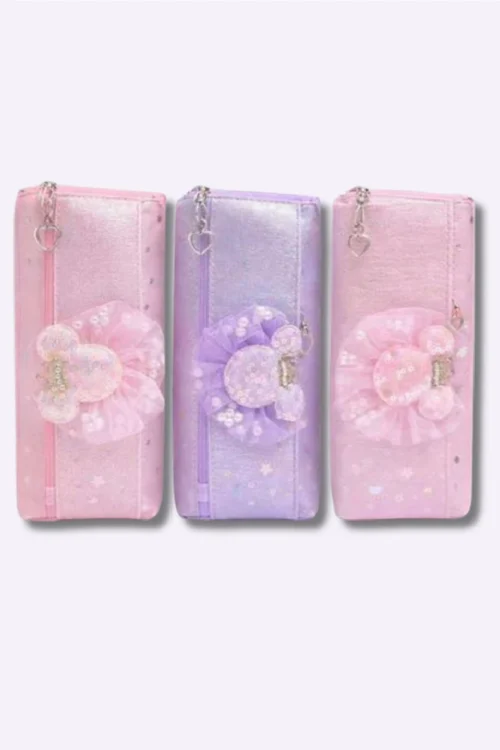 Girls Glitter Flower Pencil Pouch – Cute Zipper Stationery Case